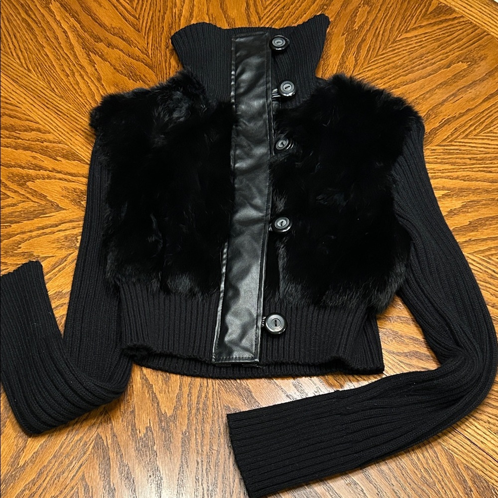 RARE Y2K Last Kiss Black Rabbit Fur Cropped Ribbed Knit Jacket. Size L